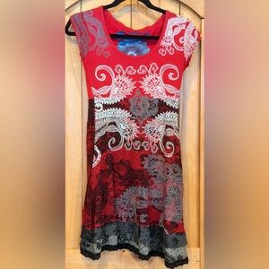 Desigual Say Something Nice Red Paisley Dress with White and Gray Accents